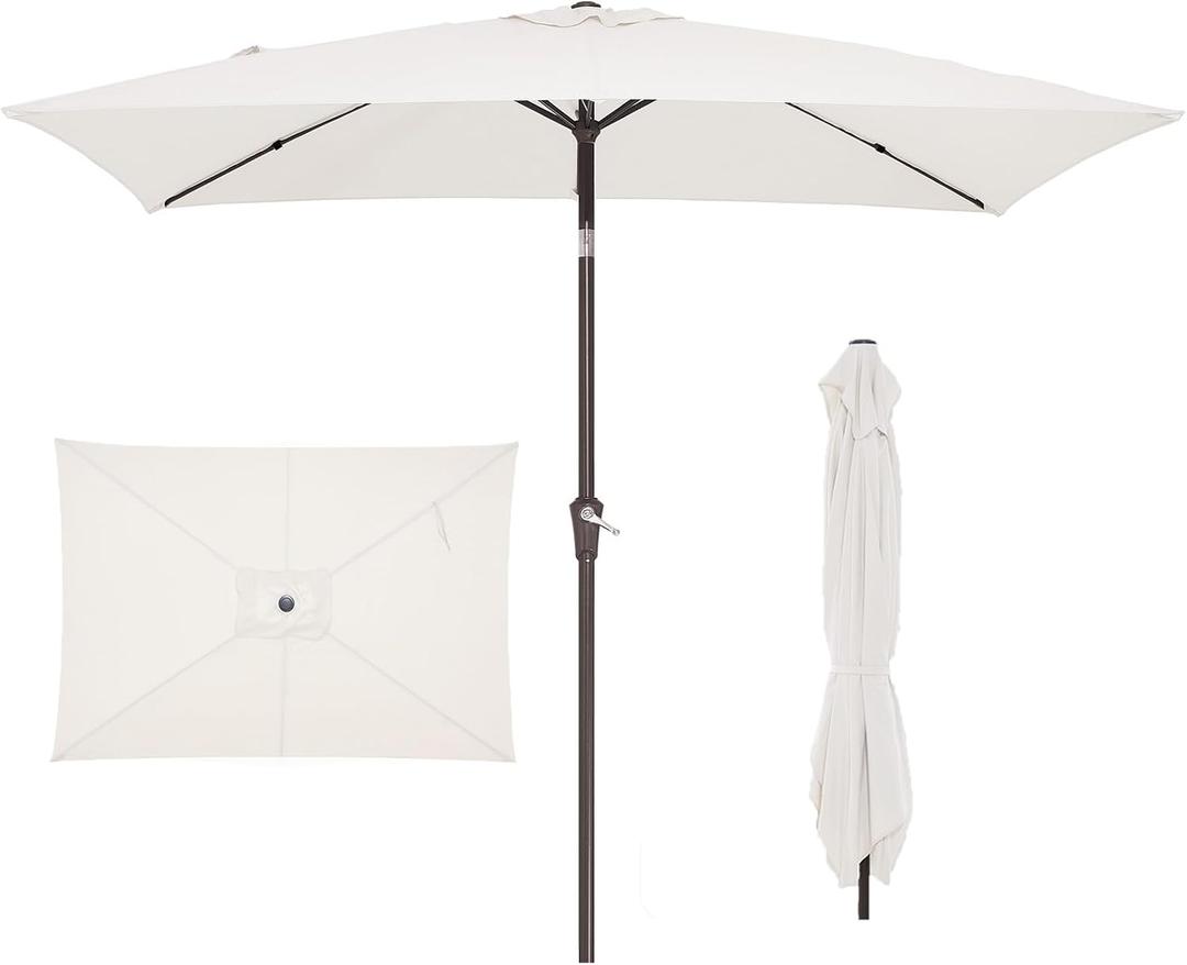 JEAREY 6.5x10 ft Rectangular Patio Umbrellas Rectangle Outdoor Umbrella with Push Button Tilt and Crank, Market Table Umbrella 6 Sturdy Ribs UV Protection for Poolside Garden Backyard Deck, Cream White