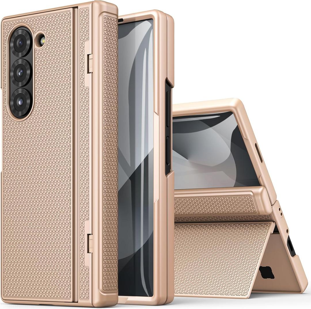 BXYJY for Samsung Galaxy Z Fold 6 Case, Slim Fit with Kickstand, Hinge Protection&Front Screen Protector, Rugged Hard 360 Full Body Cover Protective Phone Case for Samsung Z Fold 6 5g 2024, Gold
