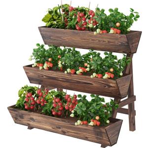 3-Tier Wooden Vertical Raised Garden Bed with Legs, Tiered Planter Box, Vertical Garden Planter,Wood Plant Stand Wood Flower Rack for Patio, Balcony, Freestanding. (Carbonized-Large)