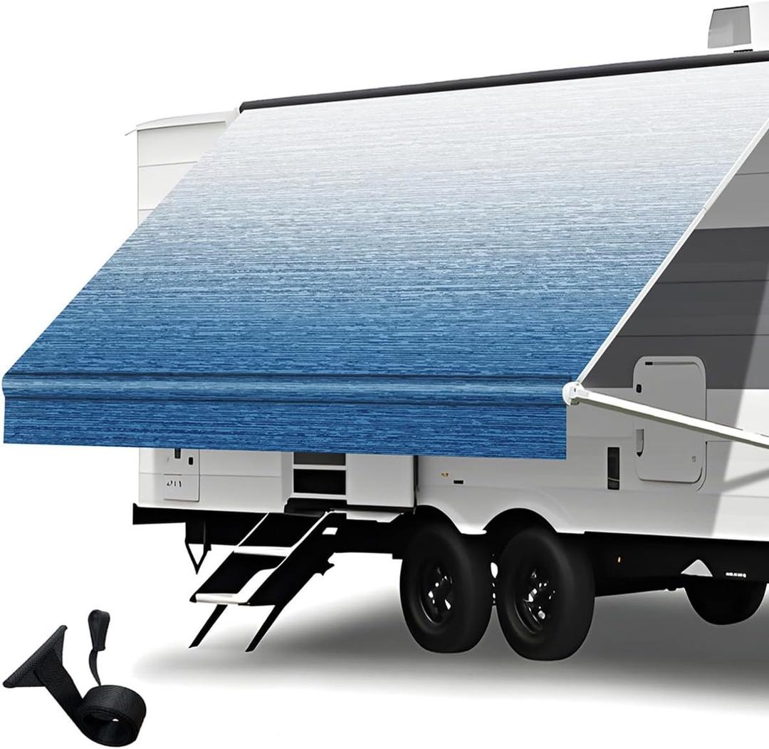 Heavy Duty RV Awning Fabric Replacement - 19.5oz Vinyl Camper Awning - Waterproof & UV-Resistant - Universal Canopy for Camper, Trailer and Motorhome (Sapphire Blue Fade, 17FT(Fabric 16'2"))