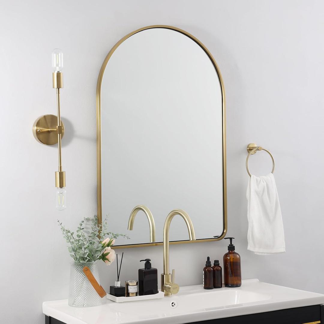 ANDY STAR Brass Mirror Bathroom, 24x36 Gold Arched Mirror, Arched Bathroom Mirror, Gold Bathroom Mirror Metal Framed, SUS304-Anti-Rust, Tube Frame, 1 Deep Set Wall Mounted Vertical