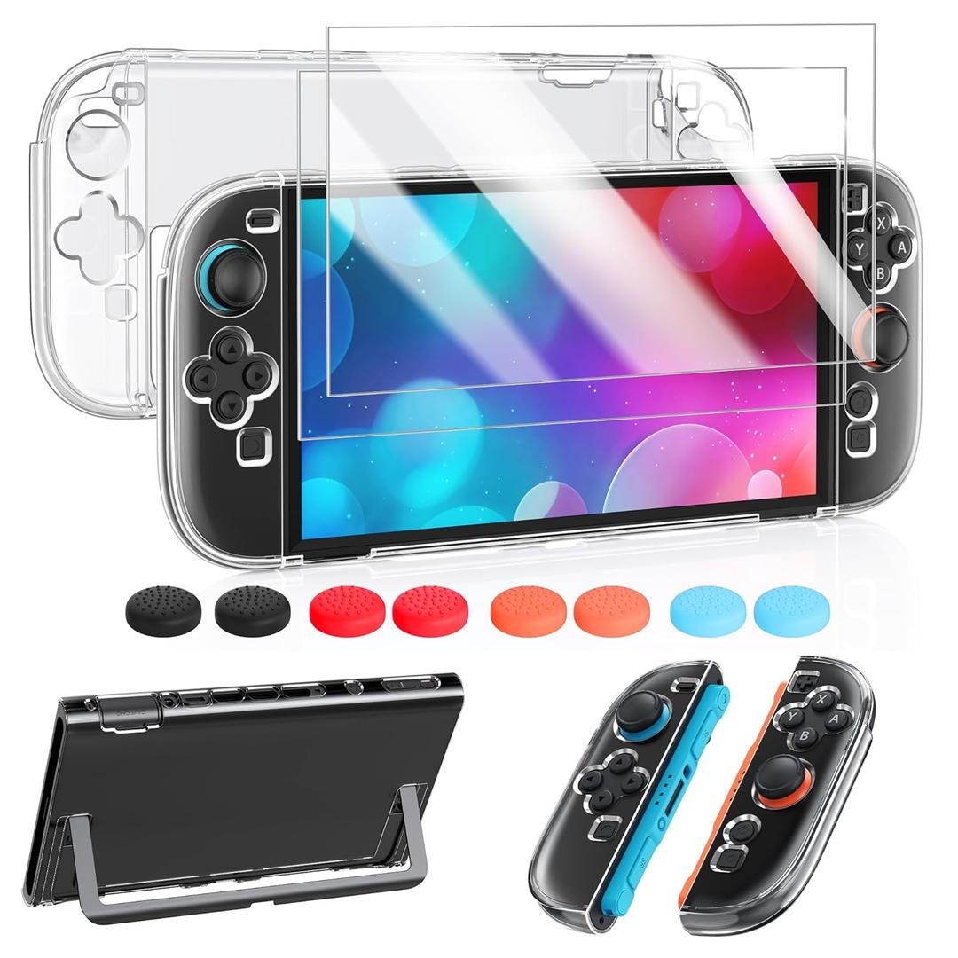 FYOUNG Clear Protective Case for Nintendo Switch 2(2025), Transparent Slim Hard Shell for Switch 2 Accessories, Scratch&Shock Protection Cover for Joycon 2 with Screen Protector, 8 Thumb Grip