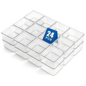 Hudgan 24-Piece Small Plastic Drawer Organizer Bins, Stackable Makeup Vanity and Office Desk Drawer Dividers, 3.5" x 3.5" x 2" Square Trays