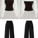 LAJIOJIO Women's 2 Piece Outfits Casual V Neck,Puff Long Sleeve Tops and Wide Leg Pants Sets with Pockets, Large
