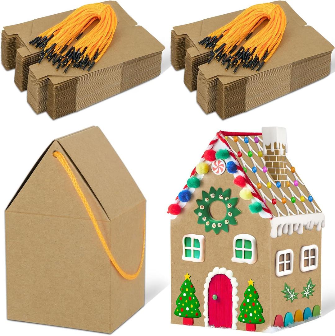 80UncleKimby 50Pcs Christmas Gingerbread House Kit Houses-Shaped Box Xmas Gift Cookie Boxes with Ropes DIY Crafts for Party Supplies Decor