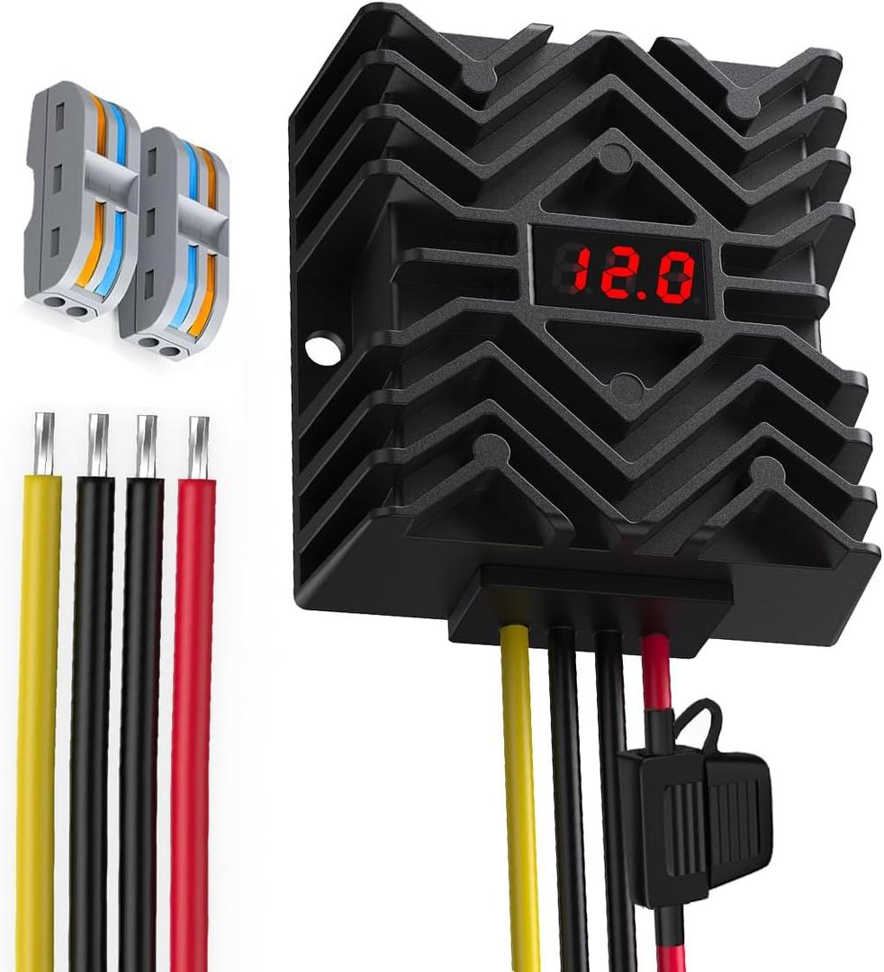 24VDC to 12VDC Buck Converter Waterproof Step-Down Power Supply with LED Display MCU Security Chip Inline Fuse Terminal Blocks 16AWG Cable for Marine Solar RV