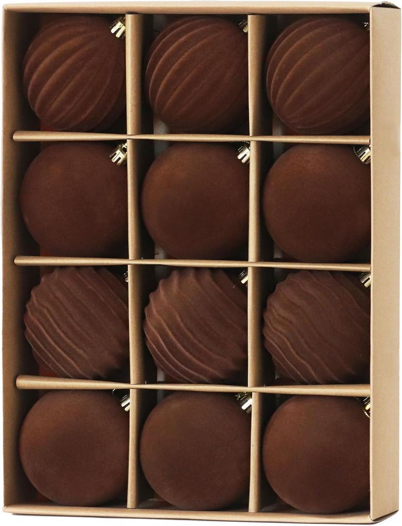 Senjie 3.15 inch Velvet Christmas Ornaments Balls Sets for Christmas, 12PCS Xmas Tree Flocked Shatterproof Ornaments Balls Decoration Brown