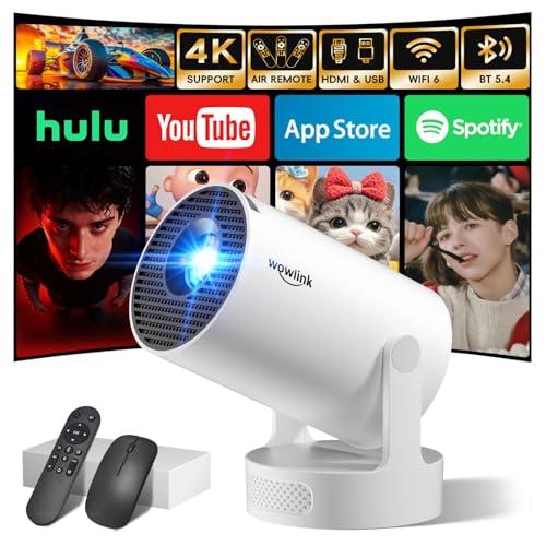 [Built-in Apps & 2026 Upgraded] Mini Projector with WiFi 6 and Bluetooth 5.4 Support 4K 1080P Auto Keystone 180° Rotatable Projector Portable Compatibile with HDMI/TV Stick/Memory Stick/Laptop, White