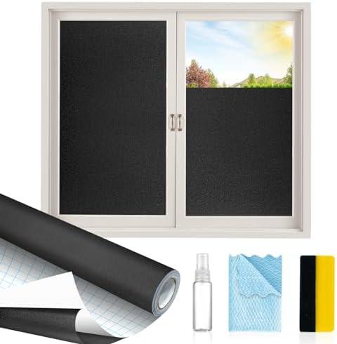 MAGIDEKOR Total Blackout Window Privacy Film with Installation Tools,100% Light Blocking Heat Control Static Cling,Room Darkening Opaque Window Cover,Blackout,23.6 Inch X 6.5 Feet