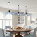 Blue Glass Pendant Light 15.75" Large Flower Petal Hanging Ceiling Light Adjustable 59" Cord with Wood & Metal Accents Modern Statement Chandelier for Dining Room Living Room Foyer