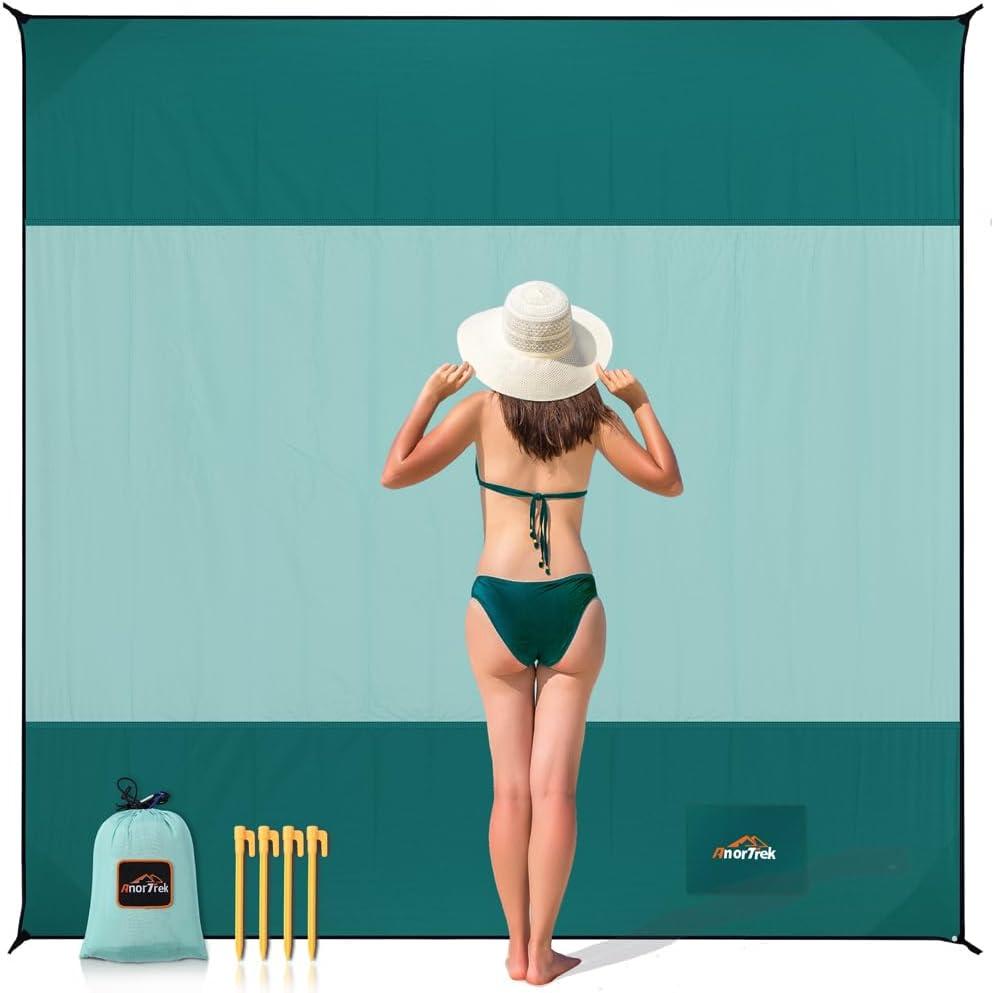 Beach Blanket Sandproof, Extra Large Beach Mat, Sand Free Mat Quick Drying, Lightweight, Soft & Durable Mat for Beach, Yard (Dark Green & Mint Green, 6.6 x 6.6 FT (14 Person))