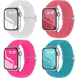 Braided Stretchy Solo Loop Compatible for Apple Watch Band 38mm 40mm 41mm 42mm 44mm 45mm 46mm 49mm for Women Men, Nylon Elastic Straps Wristbands for iWatch Series 10 9 8 7 6 SE 5 4 3 2 Ultra Ultra 2 (HotPink/White/Teal/Peach)