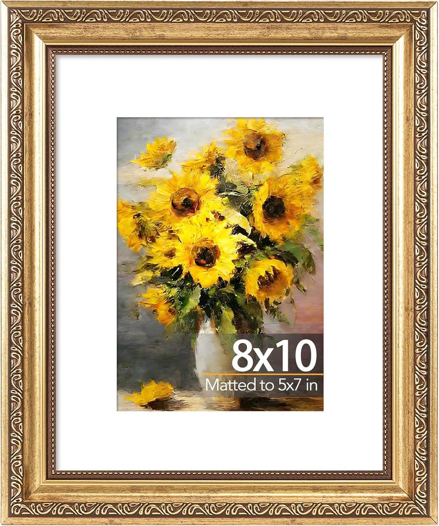 JCJMY 8x10 Vintage Picture Frame with 5x7 Mat, Elegant Retro 8 by 10 Photo Frame with Shatter-Resistant Plexiglass for Wall or Tabletop Display, Gallery Decor & Gift, Gold, Pack of 1