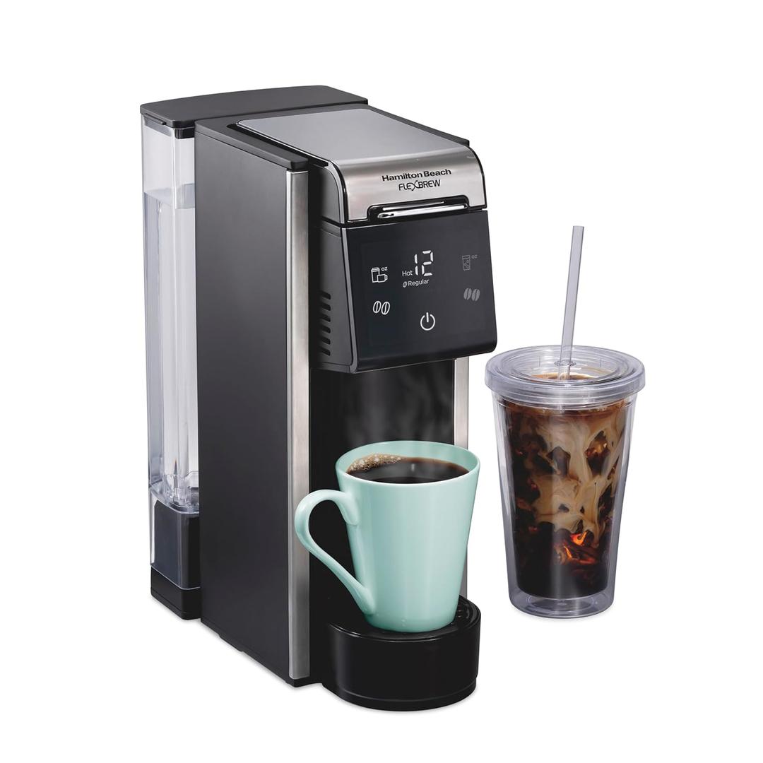 Hamilton Beach FlexBrew Advanced 4-in-1 Single Serve Hot & Iced Coffee Maker with Removable 45 oz. Water Reservoir, Use Pod Packs and Grounds, Fast Brewing, Black (49925)