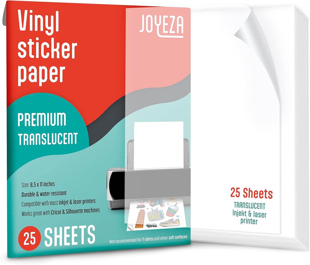 JOYEZA Premium Printable Vinyl Clear Sticker Paper for Inkjet Printer - 25 Sheets Translucent Waterproof, Dries Quickly Vivid Colors, Holds Ink Well - Inkjet & Laser Printer