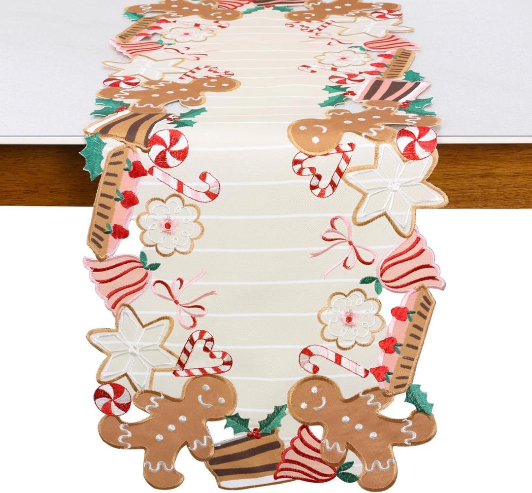 Gingerbread Table Runner Christmas Decorations Candy Cane 36 inches Long for Kitchen Dinning Coffee Table Home Holiday Party Decor