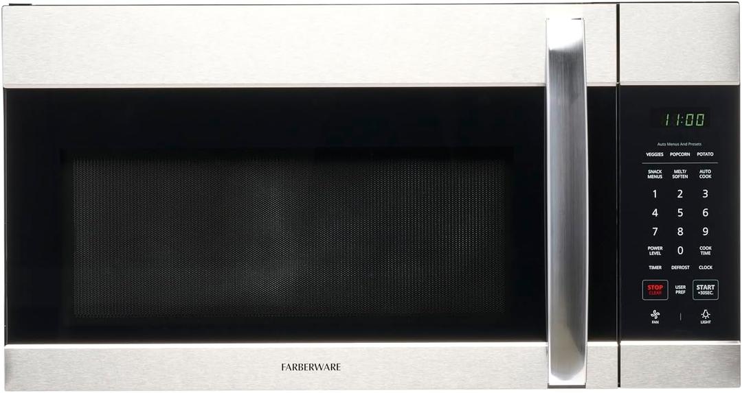 Farberware 1.7 Cu. Ft. Over-the-Range Microwave Oven  1000 Watts Power, Auto Cook Settings, Defrost, Easy Clean and Child Safety Lock - Stainless