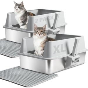 2PACK Stainless Steel Cat Litter Box with Lid, XL Metal Litter Box, Extra Large Litterbox for Big Cats, High Sided | Easy Cleaning | Odor-Free Includes Scoop and Mat