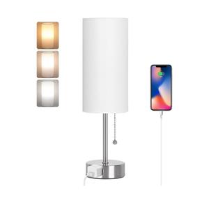 Dott Arts Table Lamp for Bedroom, 3-Color Bedside Lamps with Pull Chain, Bedroom Table Lamps for Nightstand,AC Outlet Small Lamp for Living Room, Bulb Included Nickel
