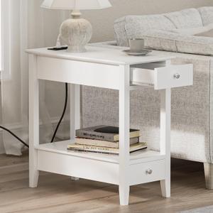 Treocho Side Table with Charging Station, Narrow End Table with Storage, 2-Drawer Nightstand with Power Outlet, White Table Bedside Sofa for Small Spaces, Living Room, Bedroom (1 Pack)