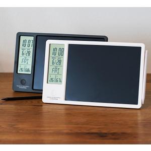 Rechargeable Electronic Memo Pad with LCD Message Board, Thermometer, Hygrometer, Alarm Clock & Desk Calendar Includes Stand & Magnetic Pen, Ideal for Office Desk or Gift (White)