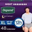 Depend Night Defense Adult Diapers, Incontinence Underwear for Men, Disposable, Overnight, Extra-Large, Grey, 48 Count (4 Packs of 12)
