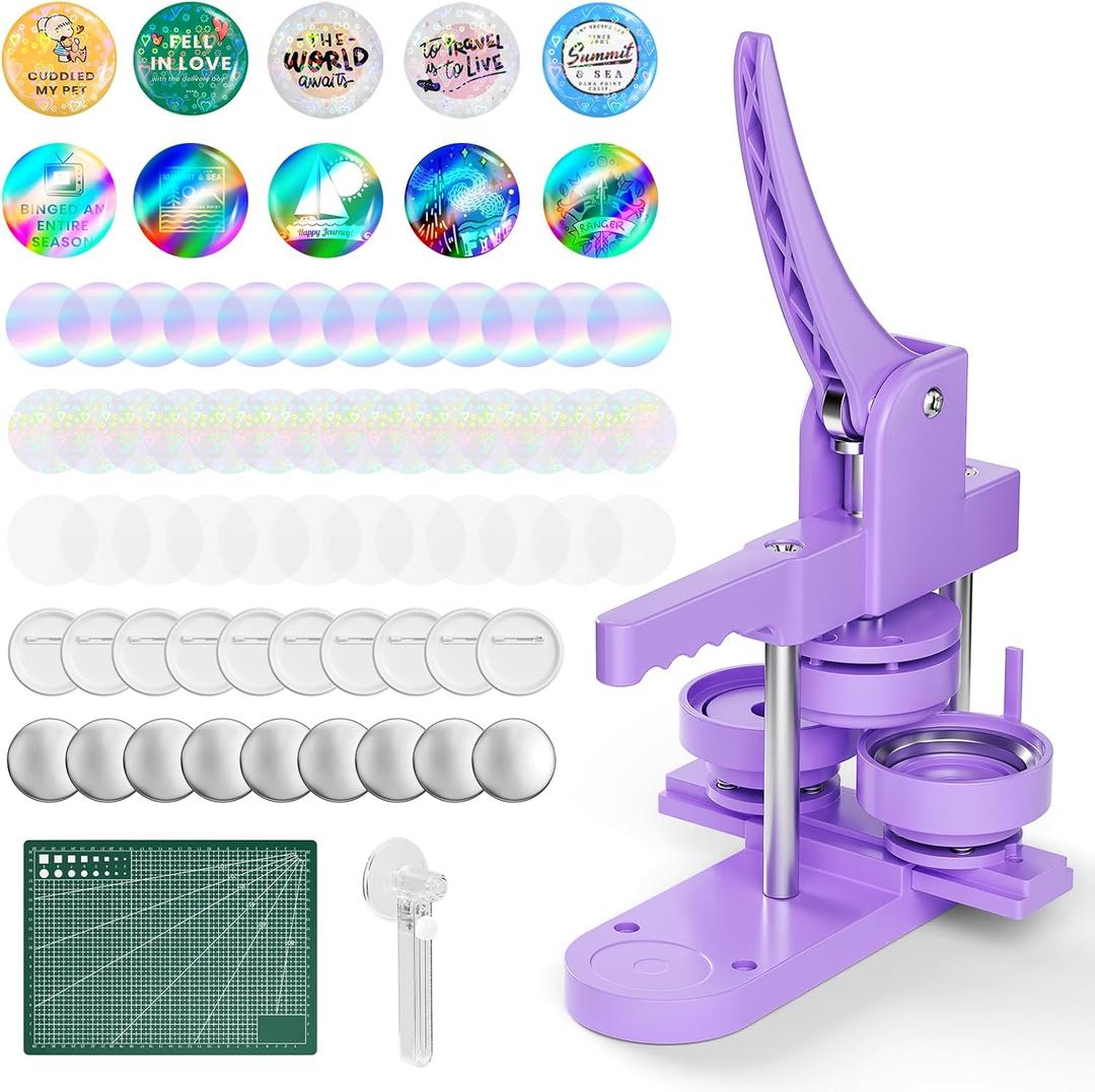 Button Maker Machine 3'' Button Press Machine Pin Badge Maker Machine with 100 Set Holographic Film Pinback Making Supplies, Removable Dies, 1 Circle Cutter, 1 Cutting Mat
