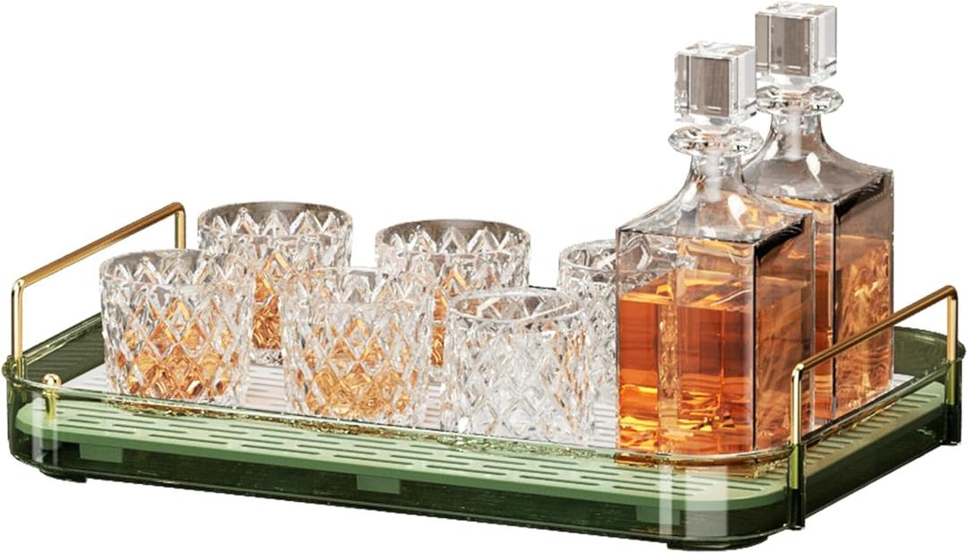 Seoneiro Whiskey Tray with Mug Holder and Drain Board - Glass and Coffee Cup Organizer, Wine Glass Decorative Organizer, Food Tray, Spice Rack (Dark Green)