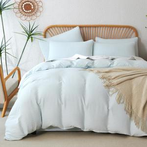 Duvet Cover King Size Glacier Blue, 3 Pieces Double-Layer Crinkle Gauze Soft Bedding for All-Season Lightweight Breathable Comfy with 2 Pillowcases (King (104" x 90"))