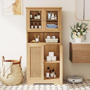 Irontar Rattan Bathroom Cabinet, Bathroom Floor Cabinet with Open Shelf, Display Storage with Doors, Kitchen Cupboard, Storage Cabinet for Living Room, 23.6 x 11.8 x 50.4 Inches, Natural CWG006M