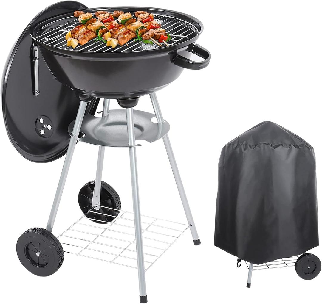 Charcoal Grill 18 inch Barbecue Grill with Waterproof Grill Cover for Outdoor Courtyard Picnic Camping Tailgating BBQ Kettle, 15.4"D x 16"W x 34.6"H