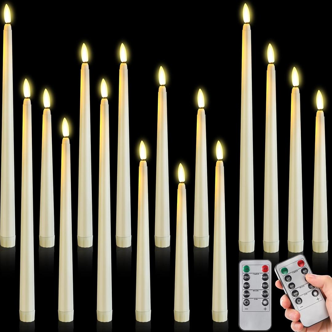16 Pcs Flameless Taper Candles with Timer Remote 8.5" 9.6" 10.8" 12.8" LED Taper Battery Operated Flameless Candlesticks Flickering Candles for Halloween Christmas Wedding(Ivory)