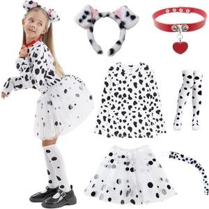 101 Dalmatian Costumes Kids, Girls Shirt Tutu Outfit Ears Headband Socks Accessories for 101st Day Of School (Large(10-12yr))