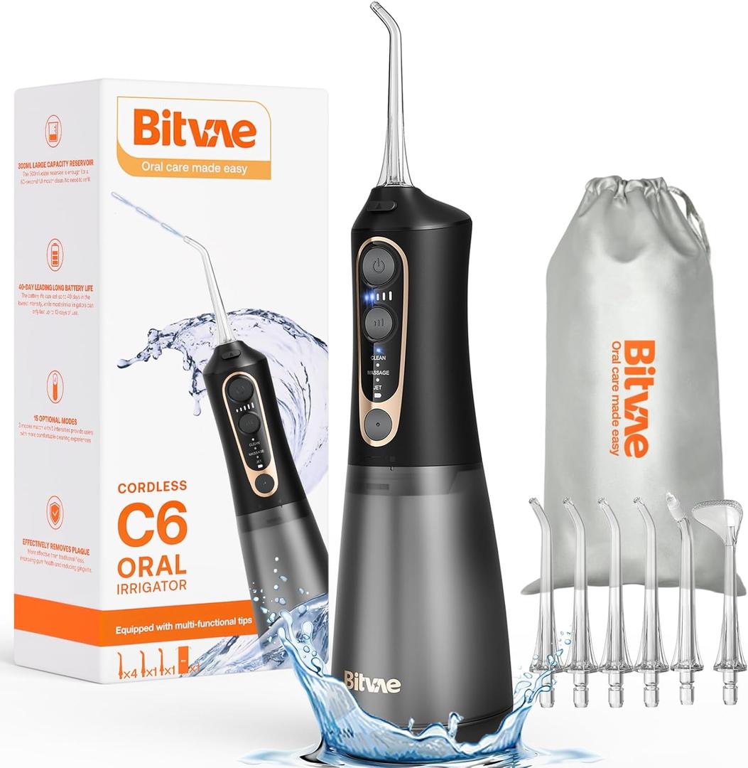 Bitvae C6 Water Dental Flosser Teeth Pick, Cordless Flosser for Travel with 6 Jet Tips, 3 Modes 5 intensities, IPX7 Waterproof Portable & Rechargeable Oral Irrigator Cleaner, Black (300ml)