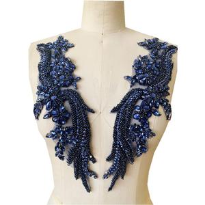 Handmade Rhinestones lace Applique handsewing Beads Trim Patches for Dress Clothing Accessories 35X12cm 1Pair/Bag
