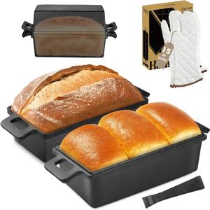 HONGBAKE 2 in 1 Cast Iron Bread Pan with Lid, Lid Lever, Long Oven Mitts, 9x5 Loaf Pans for Homemade Bread, Sourdough Baking Pan, Pre-Seasoned Nonstick Rectangular Dutch Oven, Banana Bread Tins
