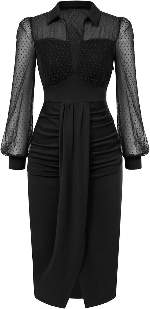 Belle Poque Womens Elegant Mesh Long Sleeve Dress for Work Ruched Dress Black XL