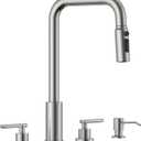 APPASO 4 Hole Kitchen Faucet with Pull Down Sprayer, 3 Hole Dual Handle Kitchen Faucet with Soap Dispenser and 3-Function Spray, 2 Handles Brushed Nickel Stainless Steel for 3-Hole & 4 Holes Sink
