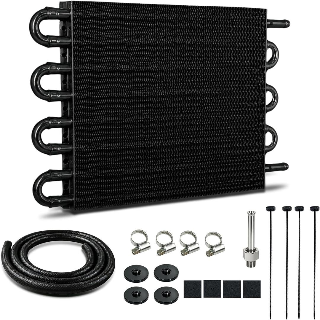Transmission Oil Cooler, 8 Pass Tube and Fin Cooler Kit, 5/16 Universal Aluminium Oil Cooler Kit with Hose Mounting (Black)