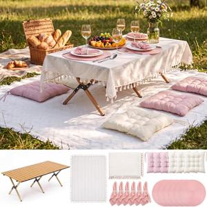 Pink Picnic Kit Folding Table Extra Large Outdoor Boho Blanket Table Runner Napkins Floor Pillow Cushions Napkin Ring Boho Picnic Decoration for Camp Wedding Wedding Birthday