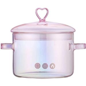 Pink Glass Saucepan with Lid and Handle, 1.5L/50oz Glass Cooking Pot, Glass Cooking Saucepan Safe for Pasta Noodle, Soup, Milk, Baby Food