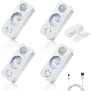 LED Motion Sensor Puck Lights, Rechargeable Cabinet Lights, Stick on Wireless LED Night Light for Closet, Drawer, Shelf, Under Cabinet, Warm White 4Pack, USB Charging Cord Included