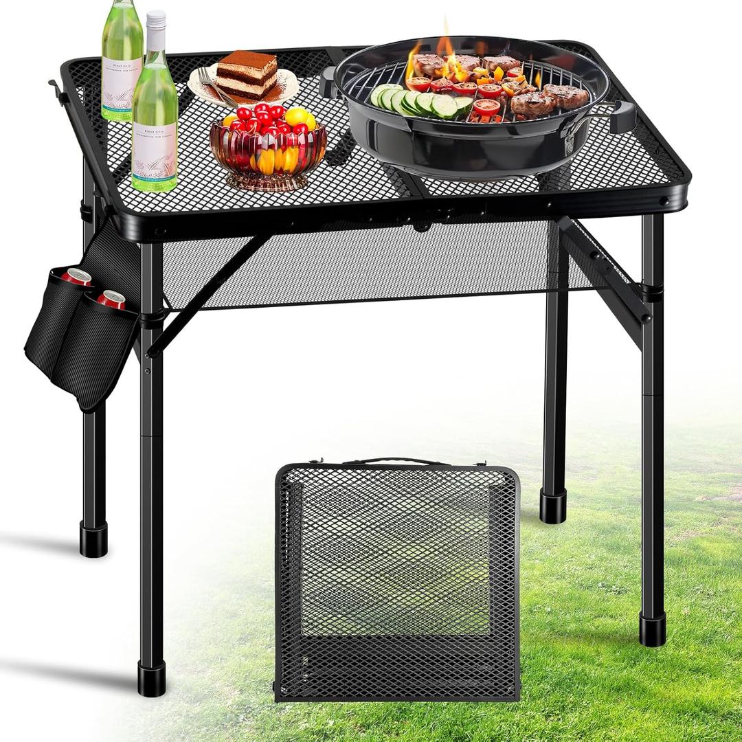 Upgraded Folding Grill Table - Metal Portable Camping Table, 2 Height Adjustable Max 22", Lightweight Foldable for Outside BBQ 24"x15.8"