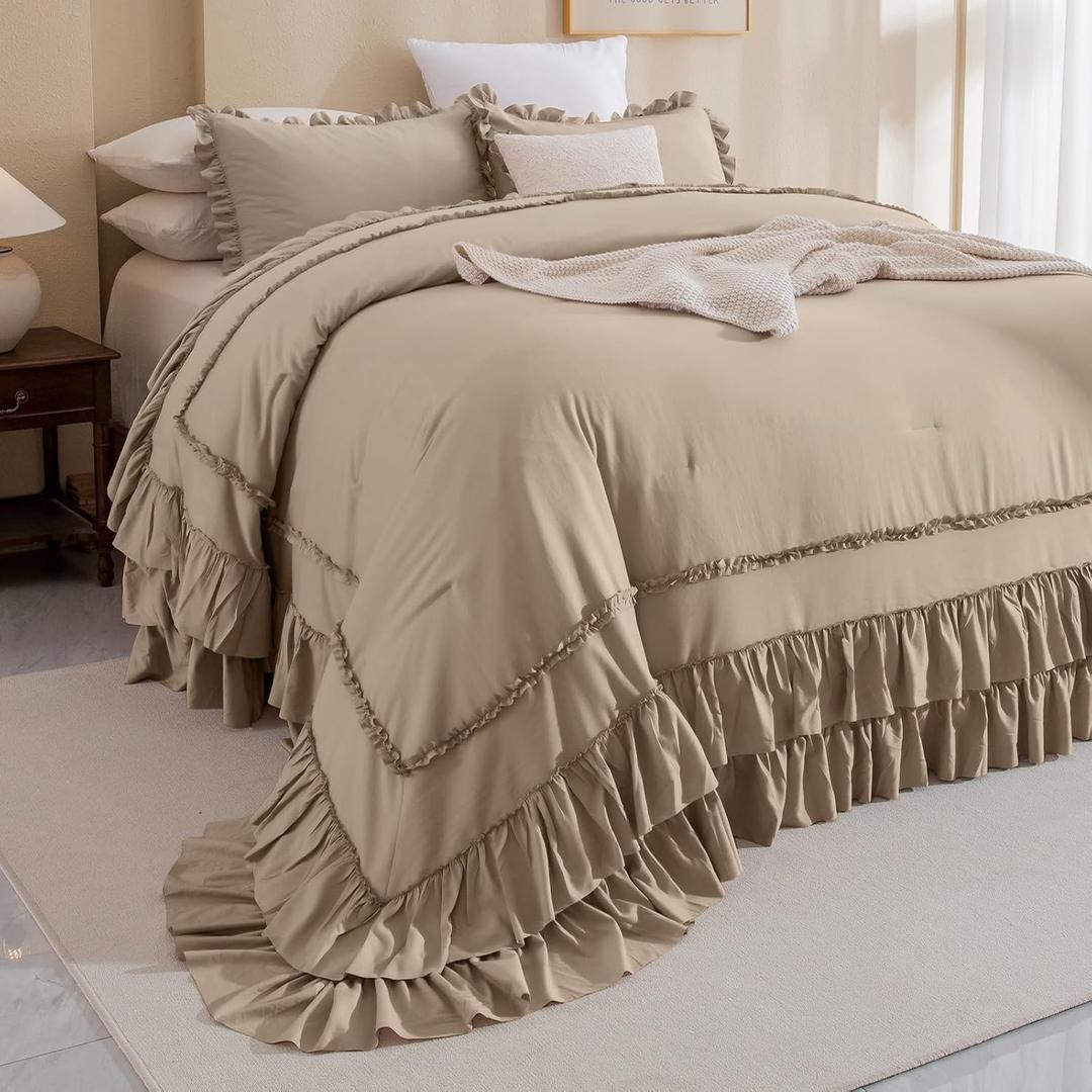 QSH 3PCs Light Taupe Oversized King Comforter Set 120x120,Shabby Vintage Chic Ruffled Bedding Comforter Extra Large Farmhouse French Country Rustic Comforter Microfiber Soft Lightweight Bedding