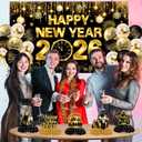 New Years Decorations 2026,Happy New Years Eve Party Supplies Gold and Black Nye Party Decorations With Backdrop Door Banner Hanging Swirls Honeycomb Balloon