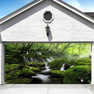 7x16ft Forest Waterfall Garage Door Decorations Graceful Natural Scenery Wall Door Banner Cover Spring Scenery Misty Jungle Rock Mountain Flowing Stream Rainforest Birthday Party Events Props