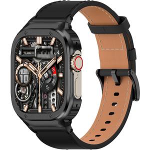 SUPLINK Leather Band with Stainless Steel Case for Apple Watch Ultra 3/2/1 & SE 3/2/1 & Series 11 10 9 8 7 6 5 4 3 2 1 49mm 46mm 45mm 44mm 42mm 41mm 40mm 38mm,Rugged Bumper for Men (Black)