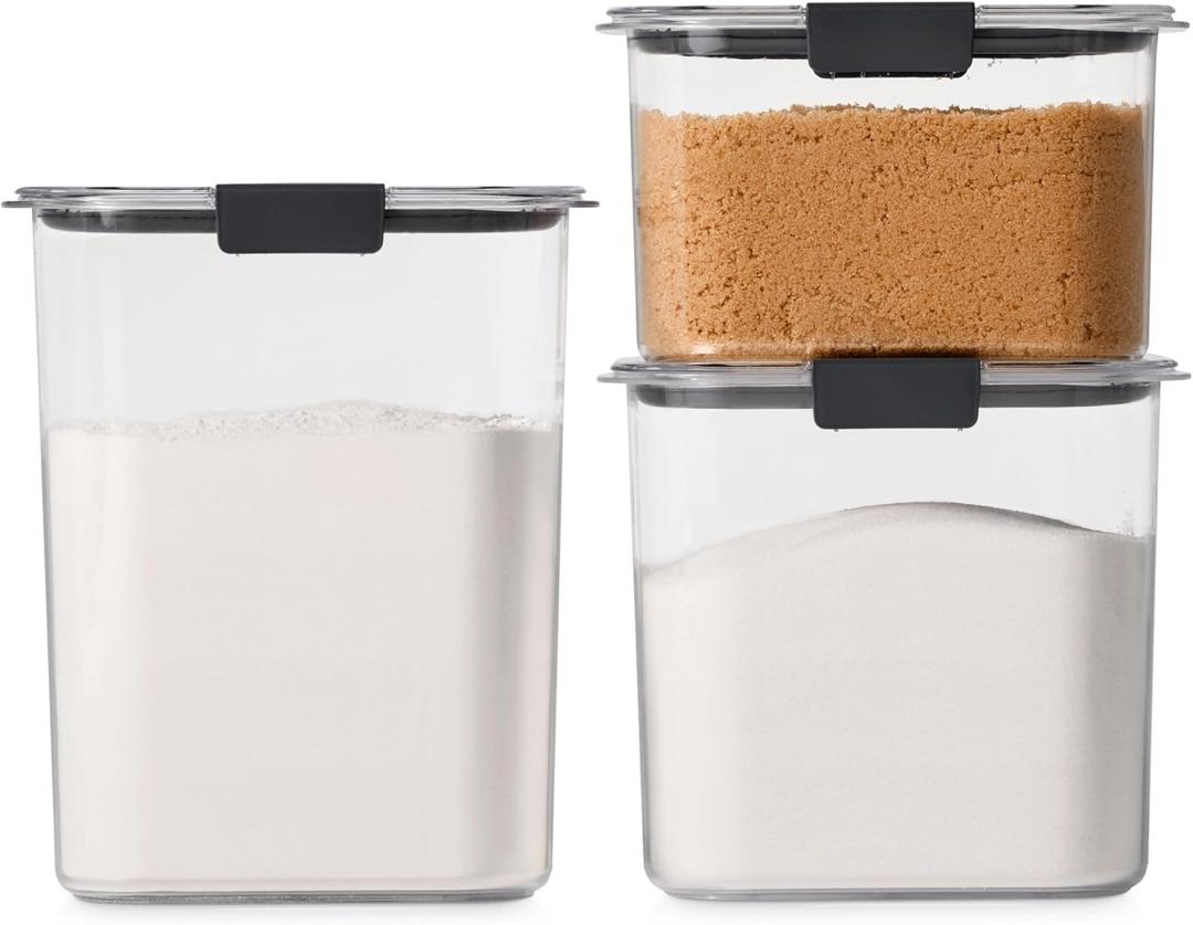 Rubbermaid Brilliance Plastic Food Storage Pantry Baking Set, 3 Containers with Lids (6 Pieces Total), BPA-Free, Clear, Assorted Sizes