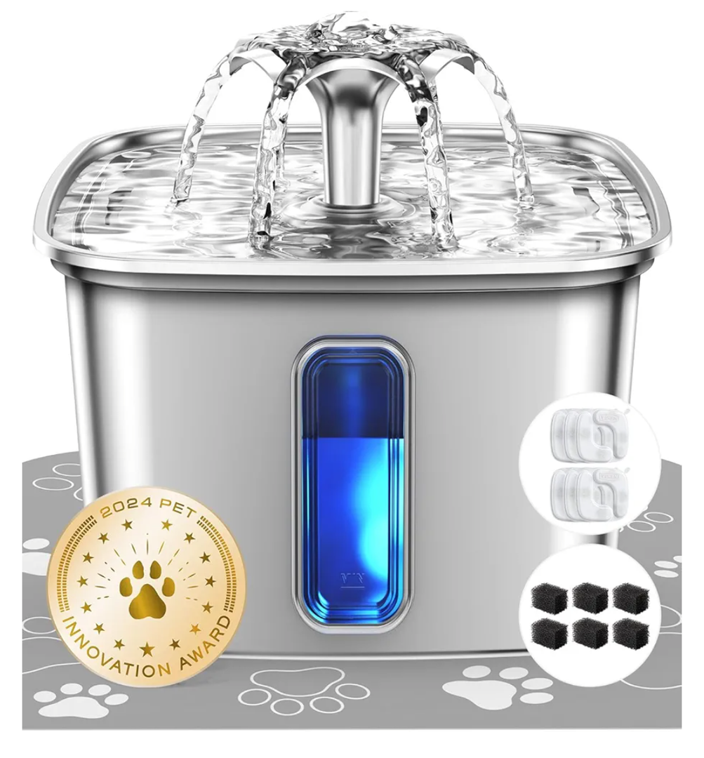 Veken Innovation Award Winner Stainless Steel Cat Water Fountain, 108oz/3.2L Automatic Pet Fountain Dog Water Dispenser with 6 Replacement Filters & Silicone Mat for Cats, Dogs, Multiple Pets (Silver)