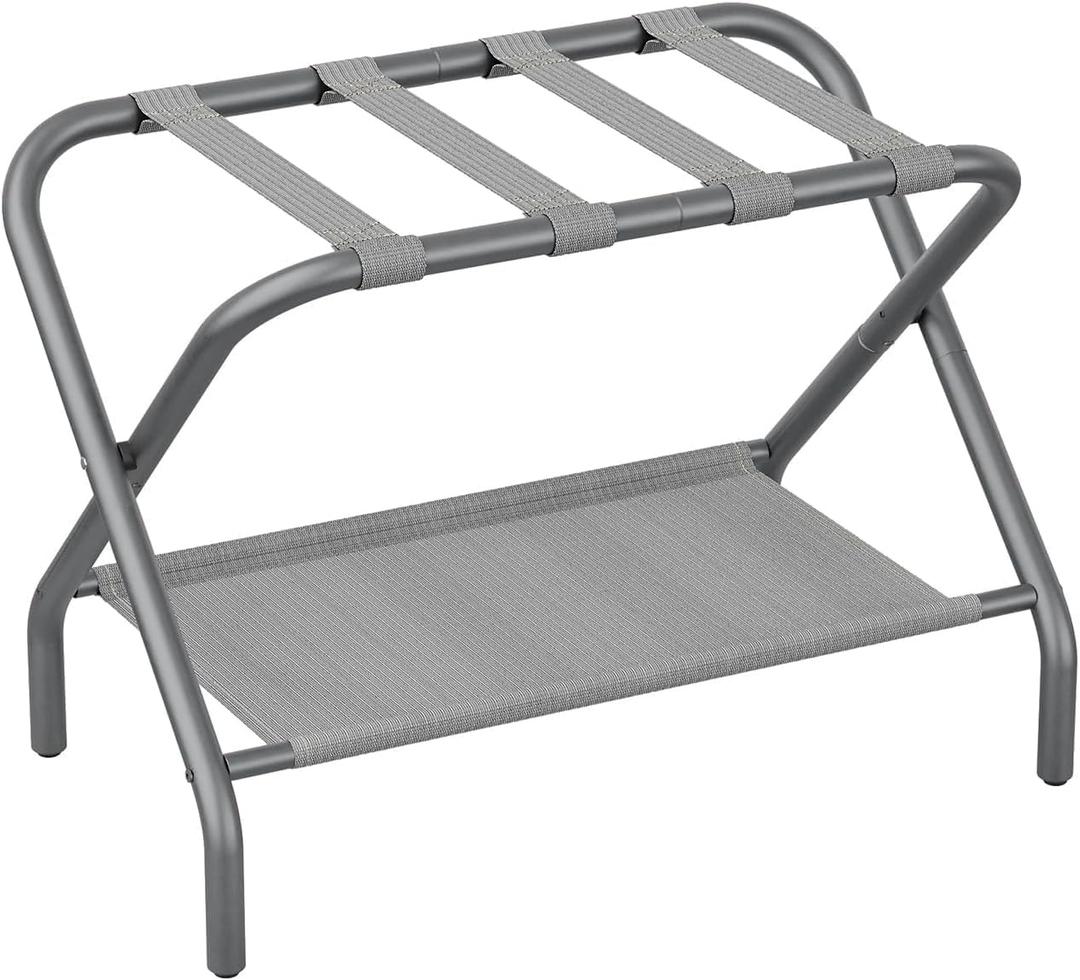 Luggage Rack for Guest Room, Folding Suitcase Stand with Storage Shelf, Steel Portable Luggage Stand Bedroom, Hotel, Travel, Easy Assembly, Hold up to 110 lb,Grey